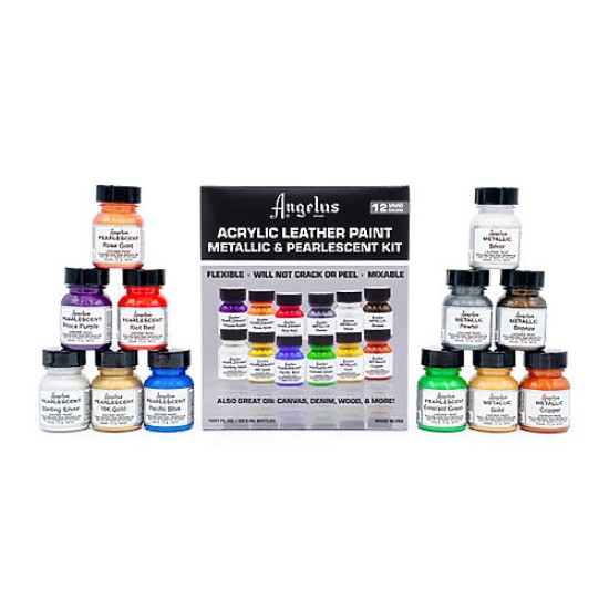 Angelus Acrylic Leather Paint 1 oz. Metallic & Pearlescent Set of 12